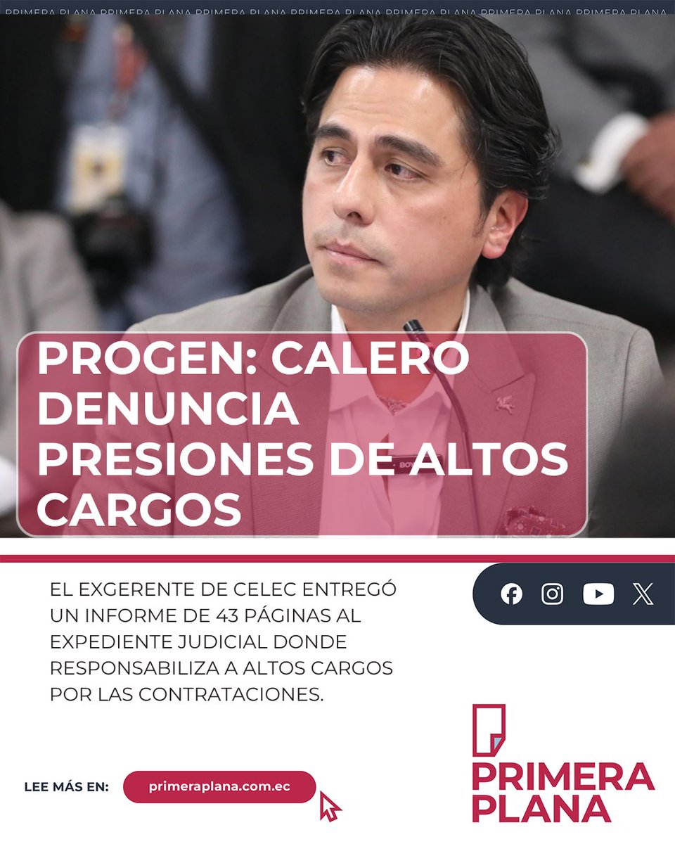 PrimeraPlanaECU's tweet photo. 🚨 #ATENCIÓN | ¡Exgerente de Celec rompe el silencio! Fabián Calero reveló en un informe de 43 páginas que existieron presiones ministeriales para firmar contratos con Progen y afirmó que el Gobierno buscó "un chivo expiatorio". 💣🇪🇨📊
Conoce todos los detalles aquí: https://t.co/p3lJSVAiPN

#CasoProgen #Celec #FabiánCalero #RobertoLuque #NoticiasEcuador #PrimeraPlana