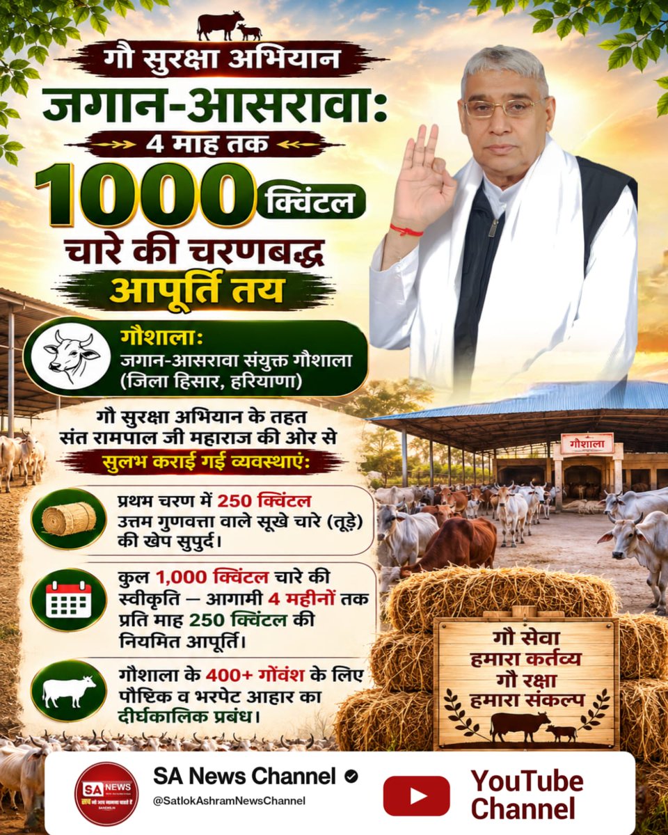 AjayValmiky9340's tweet photo. #गौ_सुरक्षा_अभियान
जगान-आसरावा: 4 माह के लिए 1,000 क्विंटल चारे की व्यवस्था
गौशाला: संयुक्त गौशाला, हिसार, हरियाणा
🔹 प्रथम चरण में 250 क्विंटल चारा पहुंचाया गया।
🔹 अगले 4 महीनों तक 250 क्विंटल प्रतिमाह की नियमित आपूर्ति तय हुई।
Sant Rampal Ji Maharaj https://t.co/Z10UMfFFvg