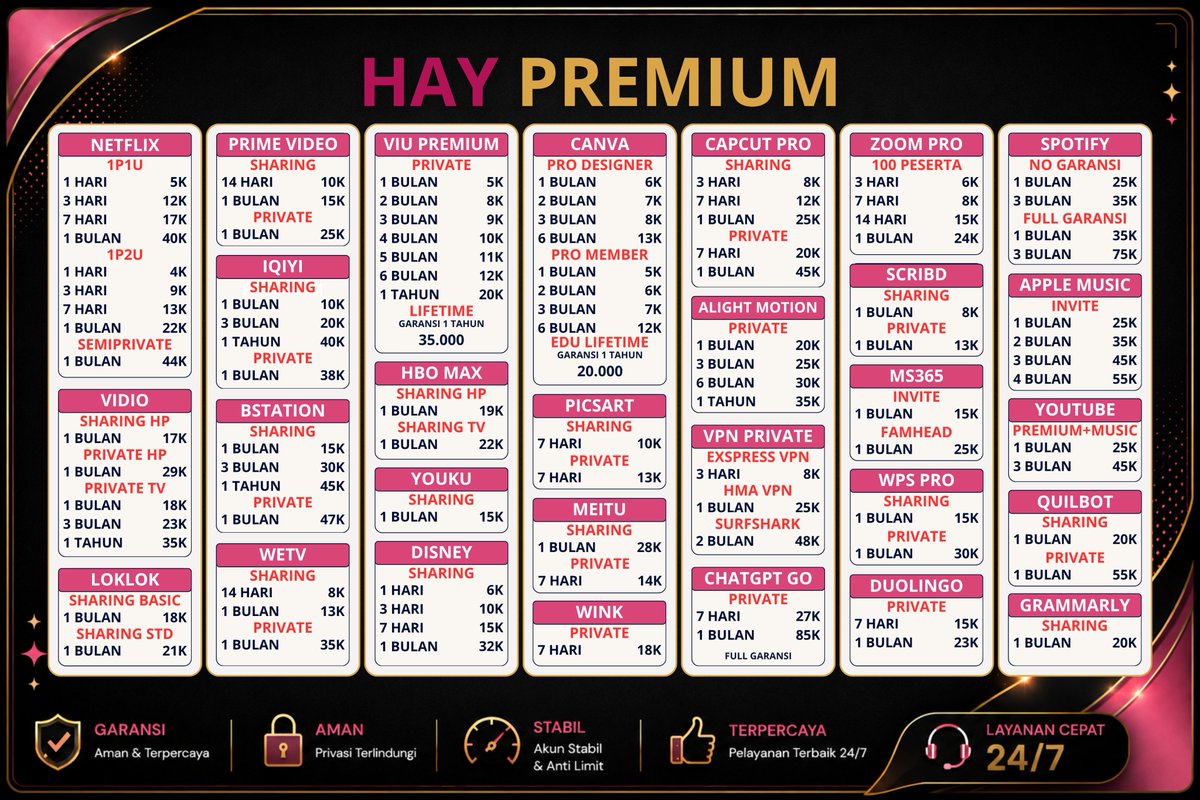 minuwtes's tweet photo. WTS WTB APPREM BERGARANSI MURAH DAN 100% TRÜSTED FAST RESPON!!!
CANVA APPLE MUSIC NETFLIX YOUTUBE DISNEY+ HOTSTAR HBO MAX VIU AMAZON PRIME WETV IQIYI CAPCUT FAST PROSES LOKLOK YOUKU BSTATION PICSART
��� wa order https://t.co/TsNIGEuORD

#zonauang https://t.co/muL08dOKur