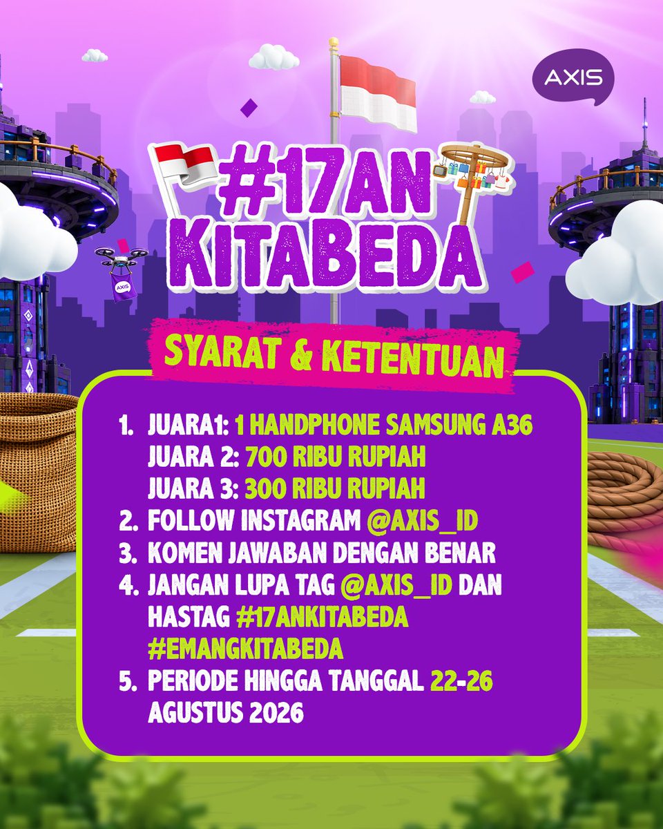 AXISgsm's tweet photo. Main, keliling, cari booth, di ”MAP AXISLAND” dan jawab pertanyaannya!

Dapatkan:
📱 1 Handphone  Samsung A36
💸 Dan total 1 Juta Rupiah

Gas langsung ikutan dan jangan sampai kelewatan mulai 22–26 Agustus 2026!

#EmangKitaBeda #AXISLAND https://t.co/LRxMxSbm4H