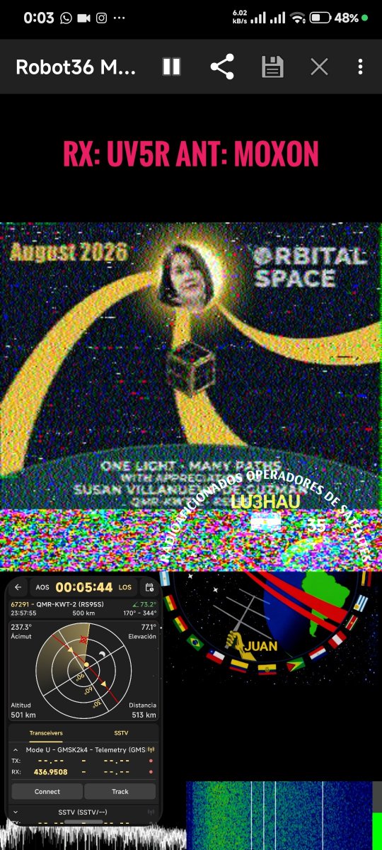 LU3HAU's tweet photo. 🛰️ #QMRKWT2 #RS95S over 🇦🇷
📆 03:03 UTC
📶 436.950 Mhz
📐 elev max 78°
⚙️ #UV5R #Moxon
📺 Robot36

A special broadcast featuring the message "One Light. Many Paths.," in recognition of @zoosun1362, an educational advisor at @orbital_space, and her continued support!

 #SSTV https://t.co/1OvAXGXukB