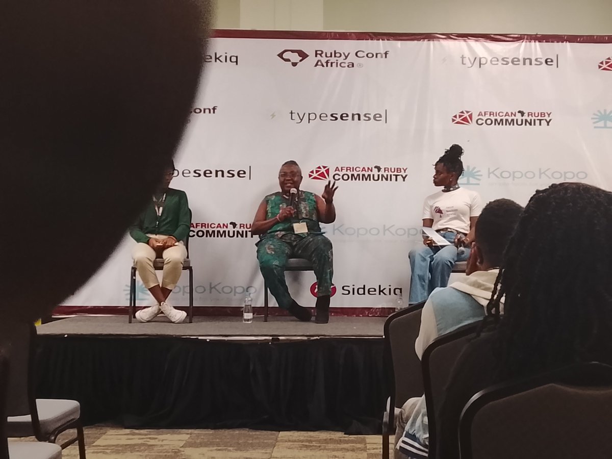 NairubyKE's tweet photo. This evening we're having a wonderful panel discussion led by @NaijeriaToweett @linahimbari @codingvaleria discussing  women shaping the tech African future
 
#RCA2026 #RubyConfAfrica2026
#ARC #NairobiTech #Africanruby #Nairuby https://t.co/wYeRJWIsHc