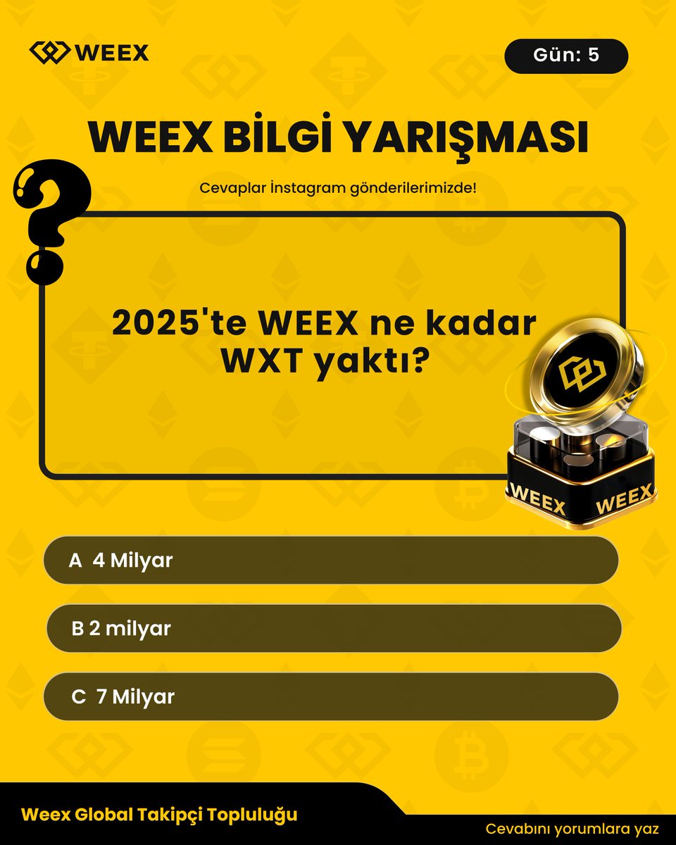 WEEX_Turkiye's tweet photo. 🎉WEEX ÖDÜLLÜ BİLGİ YARIŞMASI GÜN: 5

🏆 Cevabını yoruma yaz, 10 USDT kazan! 

Adımlar: 
💛@WEEX_Turkiye Takip et
🔁 Gönderiyi RT'le
✅ Cevabını yoruma yaz

Cevap İnstagram gönderimizde! https://t.co/9eFbtqGXup

İnstagram hesabımızı takip etmeyi unutmayın! 🤝 

Kazanan gün sonunda açıklanacaktır! Ödül dağıtımı 7 günlük etkinliğin bitiminden sonra toplu olarak gerçekleştirilecektir.   

Herkese iyi şanslar! 💛