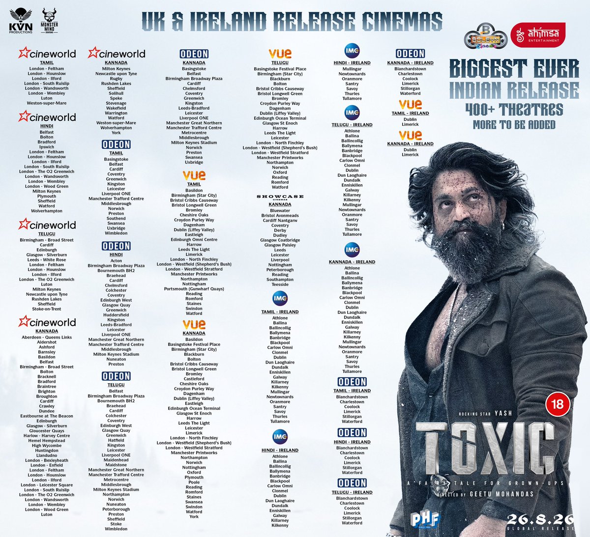 ahimsafilms's tweet photo. This is what history looks like 🤯🤯🤯😮‍💨

400+ UK theatres playing #ToxicTheMovie. The biggest Indian release in UK history. This is a different level of madness.

Proudly released by Ahimsa & Boleyn. 

WATCH UNCUT. STRICTLY 18+ ONLY. 

Aug 26. Find your cinema. Book now. 

@TheNameIsYash #Nayanthara @advani_kiara @humasqureshi @rukminitweets #TaraSutaria #GeetuMohandas @RaviBasrur #RajeevRavi #UjwalKulkarni #TPAbid #MohanBKere #SandeepSadashiva #PrashantDileepHardikar #KunalSharma #SandeepSharma #JJPerry @anbariv #KechaKhamphakdee #AmritSingh @KVNProductions #MonsterMindCreations @Toxic_themovie #Toxic @PharsFilm @boleyncinemauk @ODEONCinemas @ShowcaseCinemas @vuecinemas @cineworld @vithurs_