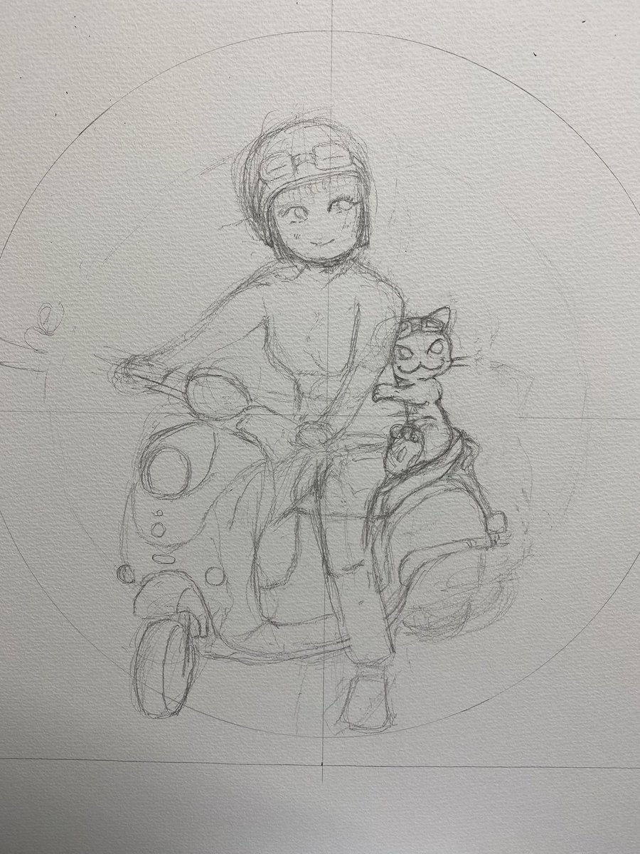 shiopi_fc's tweet photo. 2枚目あたりラフ…
スクーターを描こうといったんビーノをモデルに…
ネコと女の子を…とイメージしてるけど、もっとディフォルメするか、いっそネコだけにするか？ https://t.co/9EVkR3Mepo