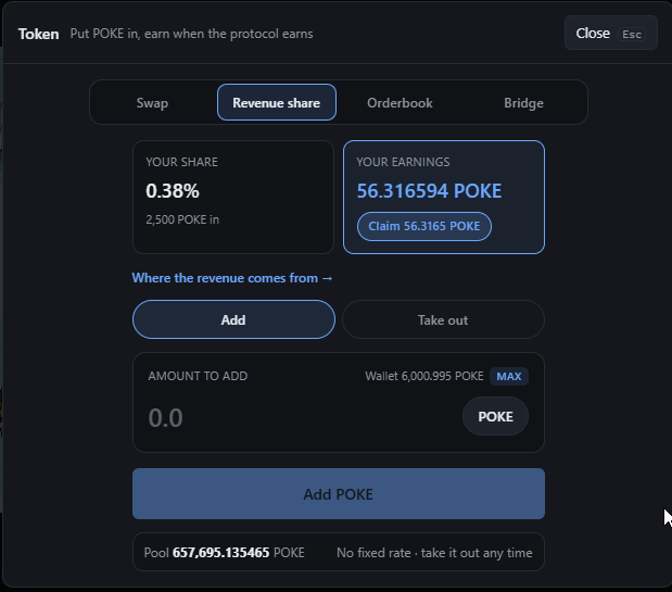 PVP_ONCHAIN's tweet photo. when pokeworld earns, you earn!

Deposit $POKE into our revenue share system to claim your yield from 69% of all protocol fees across all systems in our game/contracts! https://t.co/wO6TTQPzJK