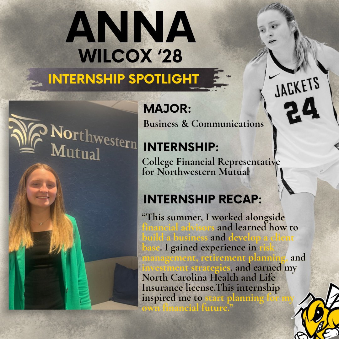 RMCWBB's tweet photo. ☀️Summer Internship Spotlight💼

Anna Wilcox ‘28, interned at Northwestern Mutual this summer as a College Financial Representative. She worked alongside financial advisors and learned skills like how to build a business as well as planning for her financial future! #GoJackets https://t.co/Z2Zcv3BgPX