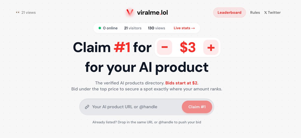 meettaqi's tweet photo. AI founders, I built this for you.

Come claim your spot on ViralMe.

A verified-only board for AI products, agents, APIs & developer tools.

No reviews. No algorithm deciding who gets seen.

You bid → you rank → you get discovered.

#1 starts at just $2.

Come take the crown. 👑

https://t.co/quwkzIkTTg

@cluely @askOkara @Lovable @cursor_ai @perplexity_ai @Replit @OpenAI @AnthropicAI @GoogleDeepMind @xai @midjourney @runwayml @elevenlabsio @suno_ai @v0 @boltnew @ManusAI @Genspark_AI @GammaApp @LangChainAI @MistralAI @CohereAI @huggingface @TogetherCompute @GroqInc @FireworksAI @Replicate @Vercel @LumaLabsAI @StabilityAI @CharacterAI @HarveyAI @PoolsideAI @SakanaAILabs @Pika_Labs @HeyGen_Official @DescriptApp @SynthesiaIO @WriterAI @jasper_ai @copy_ai @zapier @n8n_io @make_hq