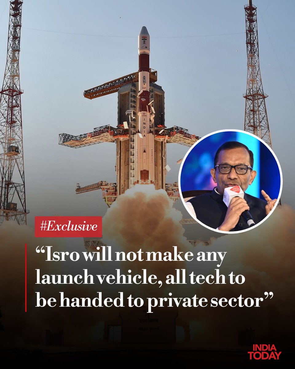 IndiaToday's tweet photo. India's space agency ISRO is shifting manufacturing of launch vehicles and routine satellites to private industry to focus on advanced research, scientific missions, and infrastructure.

The transfer of SSLV technology to Hindustan Aeronautics Limited marks this transition, with plans to privatize PSLV and LVM3 rockets exclusively to private firms.

This strategy aims to grow India's space economy from $8 billion to $44 billion by 2033, leveraging government demand, industrial use, and international markets while fostering private ownership of space assets.

#ISRO #SpaceSector #IndiaSpace #SpaceEconomy #PrivateSector
