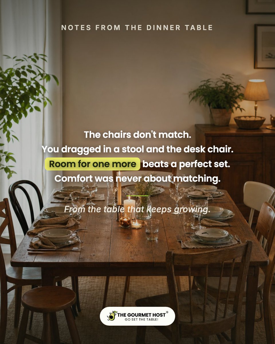 TheGourmetHost's tweet photo. Mismatched chairs are not a problem to solve.

Four from the dining set, two off the desk, the bench from the patio, the stool nobody claims. It looks like you borrowed from every room in the house, because you did.

A matched set says the table was always this size. A borrowed chair says somebody got added.

Put a cushion on the odd seat, then stop thinking about it. Nobody remembers what they sat on. They remember that there was room for them.

More ways to set a table outdoors, whatever you are working with: https://t.co/cozsseEtAQ

Follow The Gourmet Host for more on hosting well.

#dinnerparty #tablesetting #outdoordining