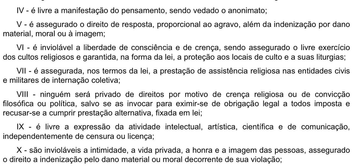 SomeOrdinaryM's tweet photo. @Geo_Menes @GoldyMiya Não é não, liberdade de expressão tem limite bem definido no art 5 da nossa constituição 
Veja que a liberdade de expressão vive enquanto estiver de acordo com os incisos v e x do artigo 5 https://t.co/UeBg3W5baZ