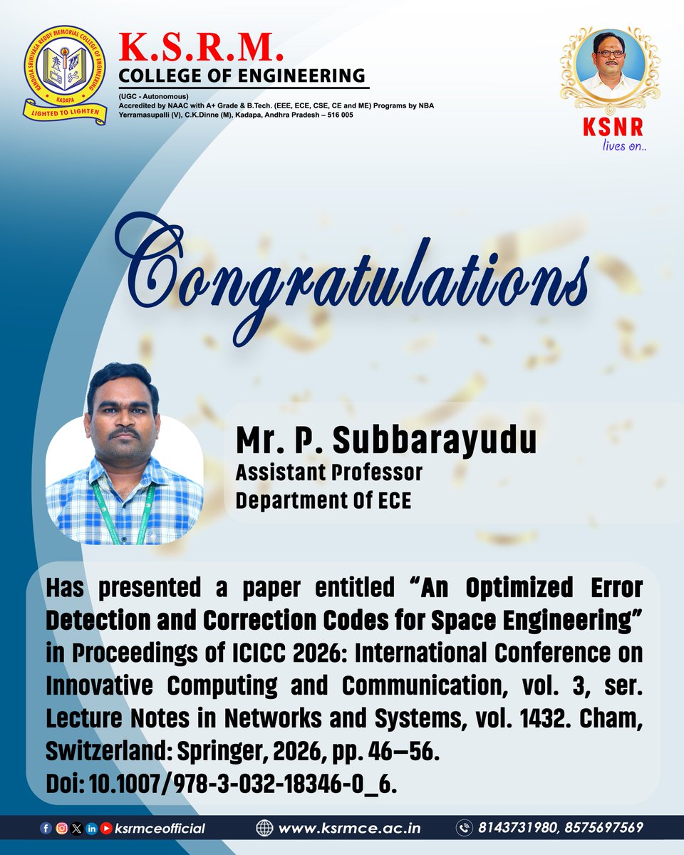 ksrmceofficial's tweet photo. Congratulations !!
#KSRMCE #ECE #Optimized #errordetection #correctioncodes #spaceengineering #ICICC #innovative #Networkssystems #congratulations https://t.co/I91wFiCvV8