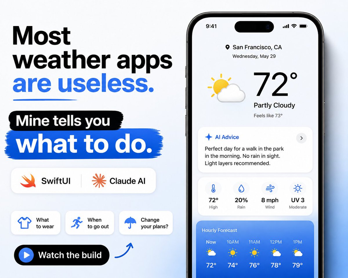 iOSInsights's tweet photo. Most weather apps tell you the forecast.
Mine tells you what to do about it. 🌦️
Built with SwiftUI + Claude AI.
Watch 👇
https://t.co/NhQoo4vfEB
#SwiftUI #ClaudeAI https://t.co/nAHbyGA3T1