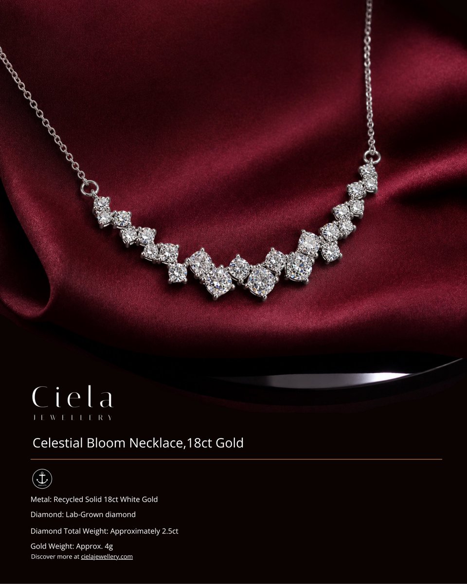 CielaJewellery's tweet photo. A refined curve of lab-grown diamonds set in recycled 18ct gold, creating a lightweight, timeless silhouette designed for effortless everyday wear.

#CIELAJewellery #CelestialBloomNecklace #LabGrownDiamonds #DiamondNecklace #18ctWhiteGold #RecycledGold #FineJewellery #StatementJewellery #FloralJewellery #ModernJewellery #JewelleryDesign #LuxuryJewellery