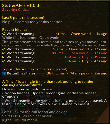 MysticalTheMonk's tweet photo. I have been lagging like CRAZY in-game lately. Highly, highly recommend the addon 'StutterAlert'. It tells you when you dropped FPS/lagged and the causes for it https://t.co/m3R16HqDBM