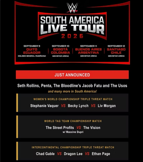 incidentalst's tweet photo. Se ha anunciado una triple amenaza por el campeonato mundial entre Stephanie Vaquer, Becky Lynch y Liv Morgan para la gira por LATAM. 

Esto abre aún más las posibilidades de tener, o la triple amenaza para el RAW del 14 de Septiembre en la CDMX, o un combate individual entre Liv Morgan y Stephanie Vaquer.