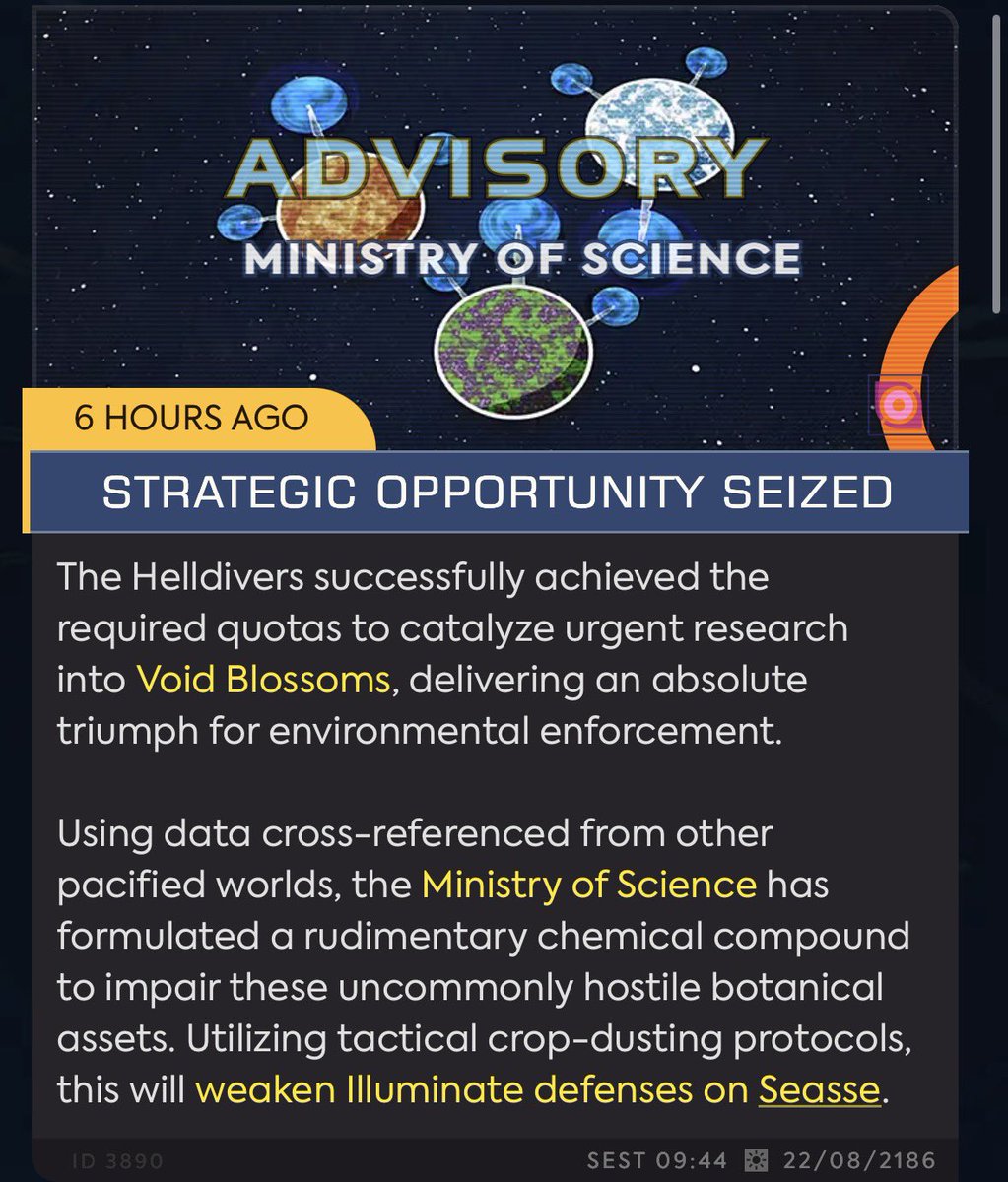 ATM_TradingNews's tweet photo. BREAKING: Helldivers successfully met quotas for Void Blossoms research, securing a triumph for environmental enforcement. The Ministry of Science has formulated a compound to weaken hostile botanical assets and impair Illuminate defenses on Seasse! #Helldivers2 https://t.co/7ErTKHz7Z2