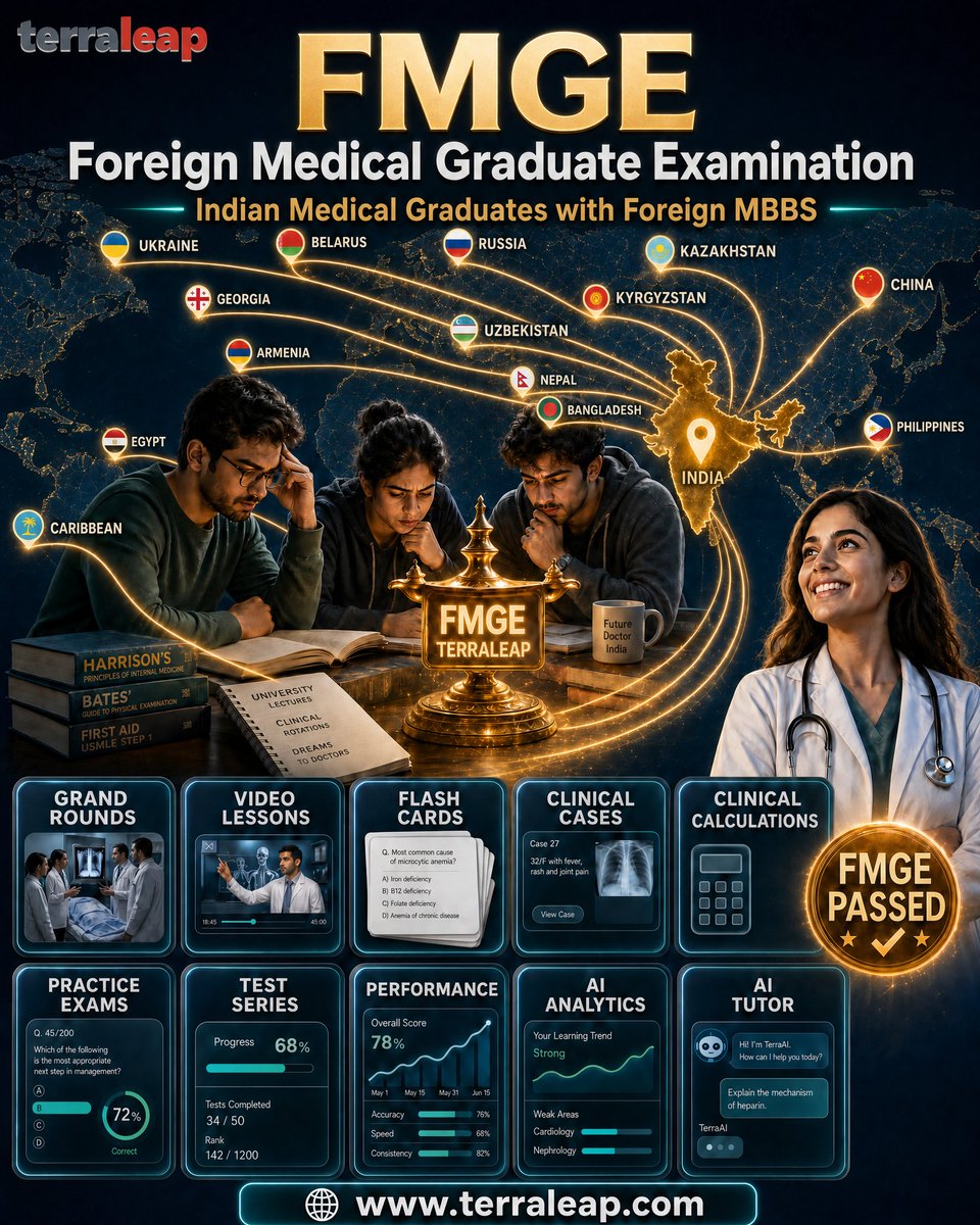 terraleap's tweet photo. FMGE — Foreign Medical Graduate Examination. For Indian Medical Graduates with Foreign MBBS, TerraLeap offers Grand Rounds, Clinical Cases, Practice Exams, Test Series, AI Analytics and AI Tutor support. Prepare with confidence: https://t.co/5gZnPx2i08 #FMGE #ForeignMBBS https://t.co/k9ddaVPKuZ