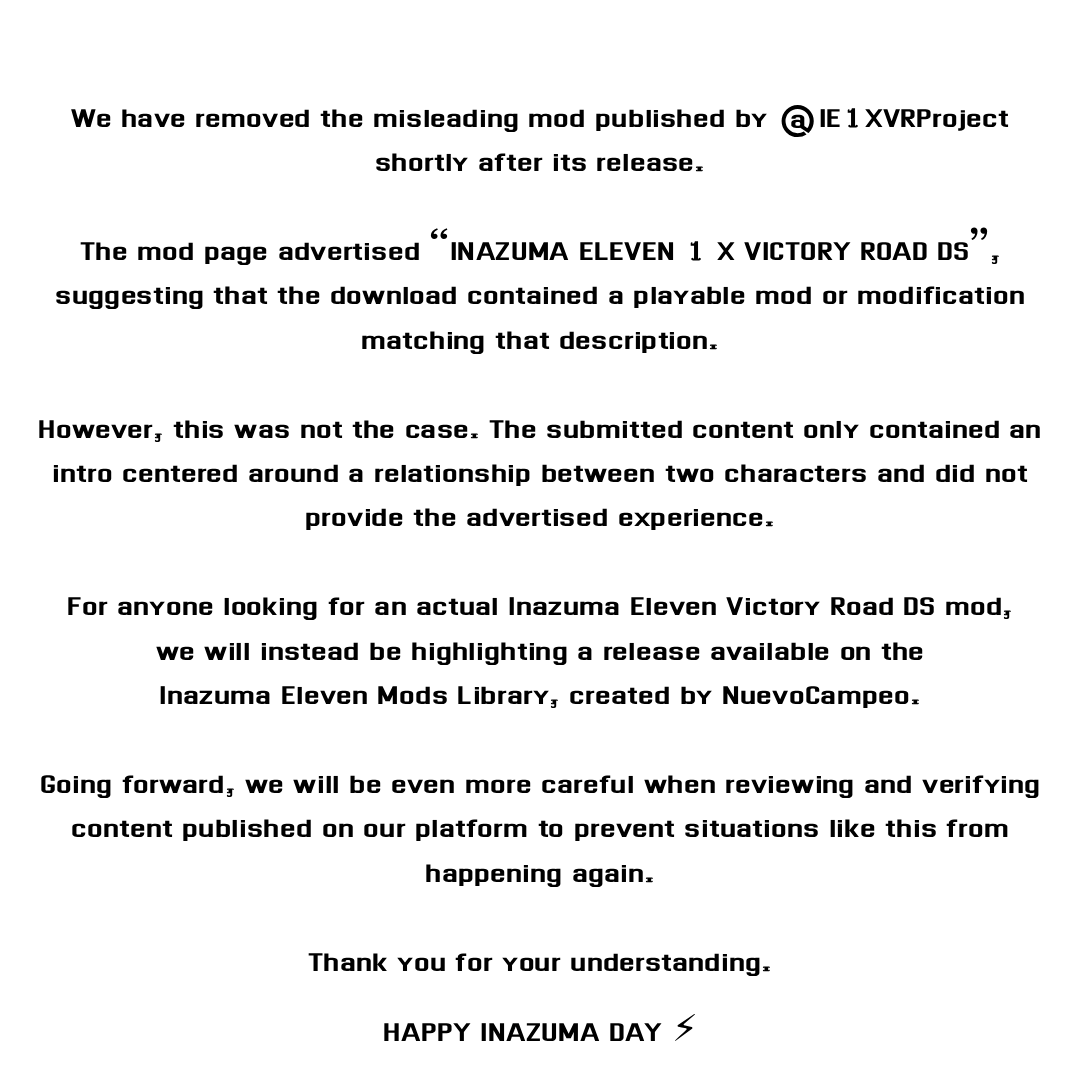IE_mods's tweet photo. Statement Regarding a Misleading Mod Release

Actual Inazuma Eleven: Victory Road DS mod made by @NuevoCampeo.

https://t.co/RYyp9hc5de https://t.co/eWTXeByqtX