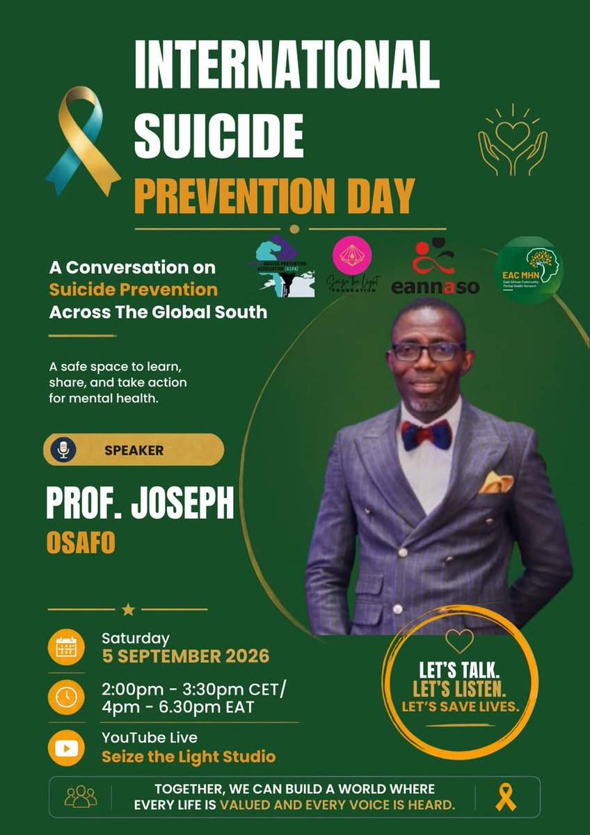 aspauganda's tweet photo. As we mark #WSPD, ASPA partners with Seize the Light Foundation, EAC Mental Health Network &amp; EANNASO for a powerful African dialogue on changing how we understand, discuss &amp; prevent suicide. 
Register:
https://t.co/OGuWb0iDo7 https://t.co/0JsOtIe1RJ
