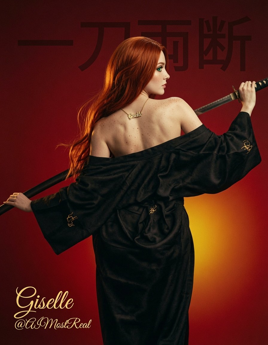 AImostReal's tweet photo. One Cut 🗡️❤️
Black robe slipping off one shoulder, katana over her back, red background, Chinese characters above.
I didn’t need two strikes.
This is the one who ends it with a single look.
#Giselle #OneCut #BladeQueen https://t.co/N3EobhhZ8C