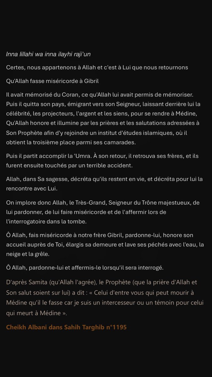 userrnu1's tweet photo. As Salem aleykoum,  Notre frère Gibril a été rappelé vers Allah , pouvez vous invoquer pour le frère et ses proches.  BaarakAllahoufikoum https://t.co/Y5oGDXMcWW