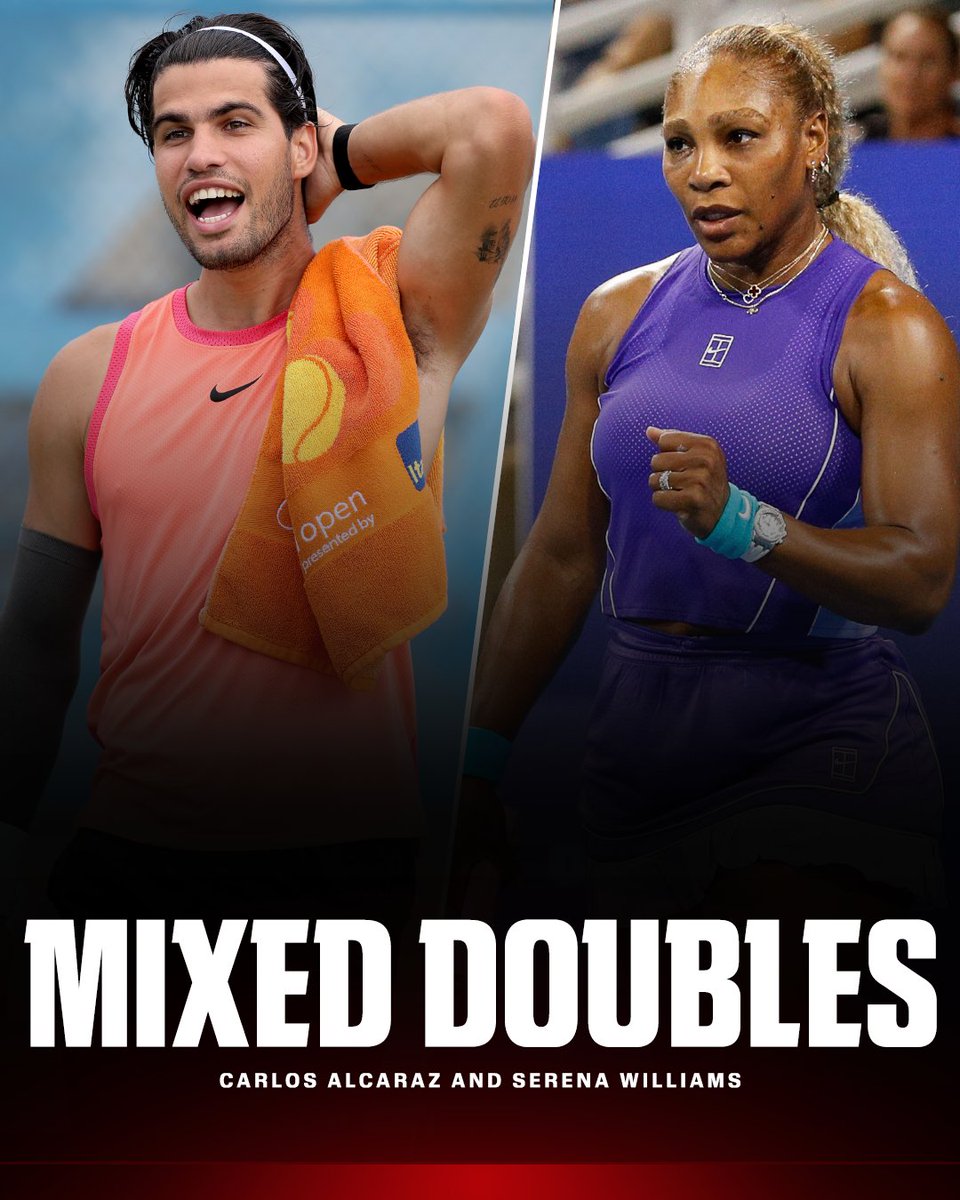 espn's tweet photo. Carlos Alcaraz and Serena Williams are teaming up to play together at the US Open Mixed Doubles Championship.

The event will take place August 25-26, a week before the main draw starts. https://t.co/w6KtYwJyG1