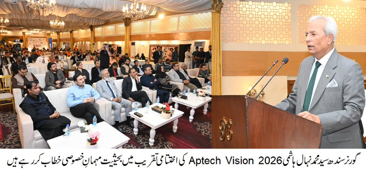 sindh_governor's tweet photo. گورنر سندھ سید محمد نہال ہاشمی کی Aptech Vision 2026 کی اختتامی تقریب میں بحیثیت مہمانِ خصوصی شرکت۔ گورنر سندھ نے کہا کہ وزیر اعظم کا 2047ء کا وژن آج کے نوجوانوں نے اپنی صلاحیت، محنت اور ہنر سے حقیقت بنانا ہے۔ نوجوان پاکستان کا مستقبل ہی نہیں بلکہ حال بھی ہیں، 1/2 https://t.co/o1j2gwwfww