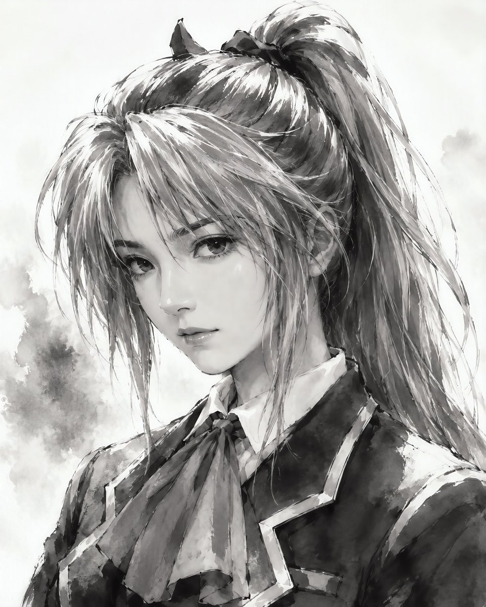 Rindou_AIart's tweet photo. #あのキャラをリアル系水墨画で描く

多分、捉えている特徴は髪型と制服だけです。
難易度は高いと思いますので、クイズです。
このキャラクターは何の作品の誰でしょうか？

似てないことは認めます💧
ですので、異論は認めん← https://t.co/CFjgHQ7b0m