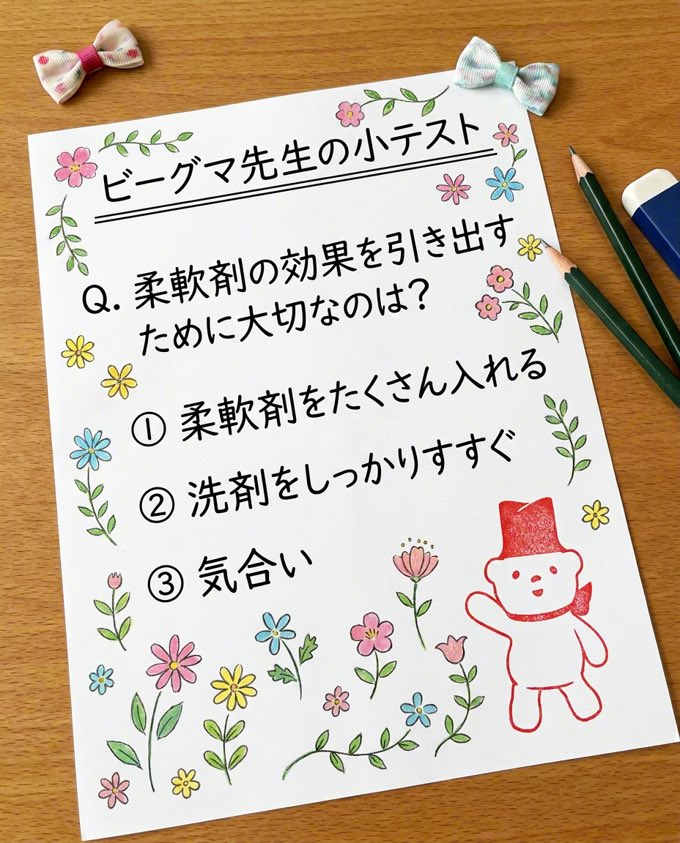 Lenor_JP's tweet photo. 📚 ビーグマ先生の小テスト
 
Q.
 
柔軟剤の効果を引き出すために大切なのは？
 
① 柔軟剤をたくさん入れる
 
② 洗剤をしっかりすすぐ
 
③ 気合い
 
正解
 
② 💯
 
🐻
 
「すすぎも主役です。」 https://t.co/7PUb03tbIy