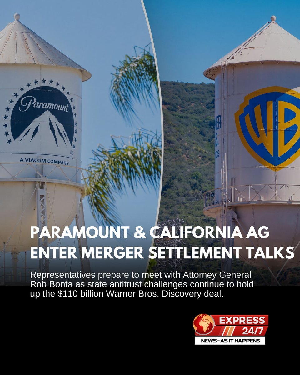 Express247PK's tweet photo. Paramount and California AG Rob Bonta set for settlement talks on Monday over the $110B Warner Bros. Discovery merger.
#Paramount #WBD #MediaNews #Hollywood #Express247 https://t.co/0S1wE9uFsp