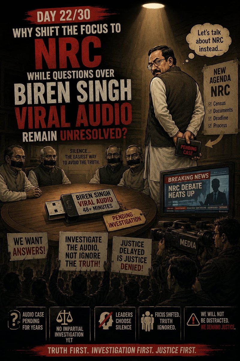 Kamginthan40473's tweet photo. DAY 22/30 — TRUTH FIRST. INVESTIGATION FIRST. JUSTICE FIRST.

Why is the focus being shifted toward the NRC while serious questions surrounding the widely circulated Biren Singh viral audio remain unresolved?

The public deserves answers—not distraction, silence or a change of subject. If audio recordings and allegations have been placed before the authorities, they must be independently and impartially verified through forensic investigation to establish whether they are authentic, edited or AI-generated.

We are not asking anyone to prejudge the matter. We are demanding a credible investigation, transparency and accountability. Investigate the evidence first and let the facts speak.

Why has there been no clear public explanation about the status of the investigation? Why should questions surrounding the audio remain unanswered while public attention is redirected elsewhere?

We urge the Supreme Court of India, NIA, CBI, Ministry of Home Affairs and other competent authorities to ensure that the matter is investigated fairly, regardless of political position or influence.

Justice must be equal. Truth must not be buried. Silence cannot replace investigation.

DAY 22/30 — WE WILL NOT BE DISTRACTED.
TRUTH FIRST. INVESTIGATION FIRST. JUSTICE FIRST.

#Day22 #30DayVisualProtest #BirenSinghAudio #InvestigateTheAudio #TruthFirst #InvestigationFirst #JusticeFirst #Accountability #RuleOfLaw #EqualJustice #Manipur #ManipurCrisis #KukiCommunity

 @PMOIndia @HMOIndia @AmitShah @rashtrapatibhvn @SupremeCourtIND @NIA_India @CBI_Case @MHAIndia @manipur_police  @NBirenSingh @BJP4India @BJP4Manipur @INCIndia @INCManipur @ANI @PTI_News @DDNewsLive @airnewsalerts @the_hindu @IndianExpress @ndtv @republic @TimesNow @IndiaToday @CNNnews18 @News18India @parliamentindia @power_corridors