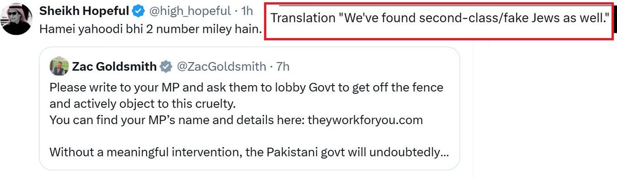 Graftingunc's tweet photo. PTI accounts annoyed of IK's detention are attacking @ZacGoldsmith as "worthless Jew", "Dick jew" and "second class Jew" for not doing enough to free Imran, while invoking the antisemitic trope of "Jewish power" to explain reliance on Zac. Disturbing. @Jemima_Khan https://t.co/pZy2GCxlpB