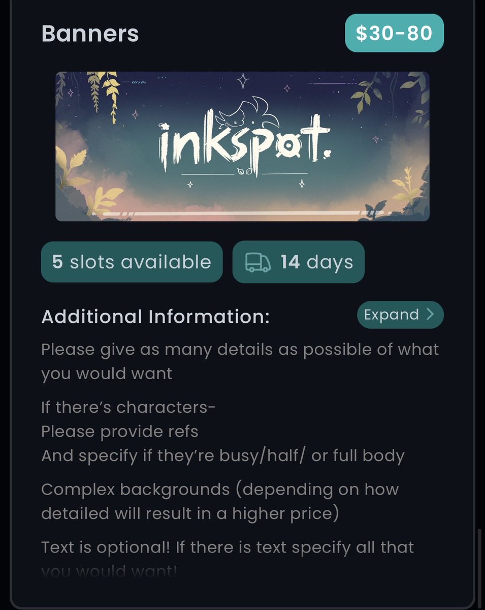 Inky_Spots's tweet photo. I’ve got 2 NEW categories up on my commission options!🌱
Feel free to take a look at the link below! ! https://t.co/y9lcKrVVDF