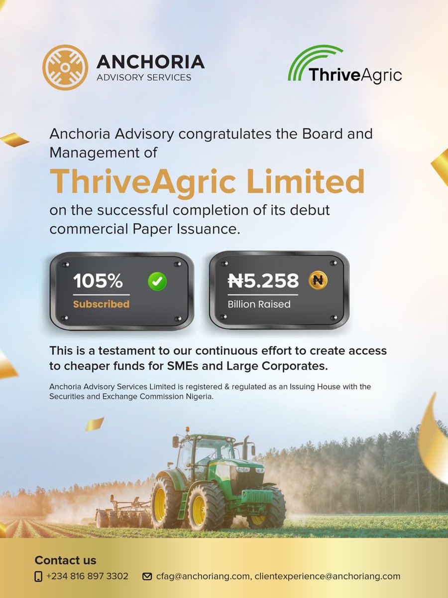 AnchoriaCapital's tweet photo. ThriveAgric Limited successfully closed its Commercial Paper Issuance at an oversubscribed rate of 105%. 

Anchoria Advisory Services congratulates the Board and Management of ThriveAgric on this significant achievement and milestone.

#AnchoriaCapitalGroup #ThriveAgric #CommercialPaper
