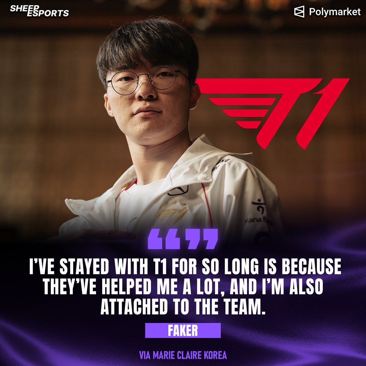 Sheep_Esports's tweet photo. Faker 🇰🇷 on what has kept him at T1 🇰🇷 throughout his career:

"The reason I’ve stayed with T1 for so long is because they’ve helped me a lot, and I’m also attached to the team. "

"Above all, T1 has consistently fulfilled its role as a top-tier organization since the StarCraft era. I think that environment is what has allowed me to remain with one team for such a long time."