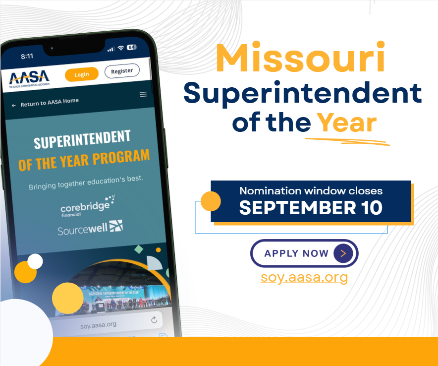 MASALeaders's tweet photo. 🏆 Who is the superintendent making an extraordinary impact in your school community?

Nominations for the 2027 Missouri Superintendent of the Year Award are open through 9/10. 👉 Nominate today: https://t.co/4eboIXljTw

#MissouriSOY #MASALeads https://t.co/QwB1iRKx09