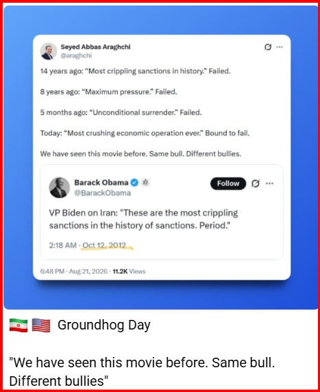 davesulli1v's tweet photo. 🇮🇷 🇺🇸  Groundhog Day
"We have seen this movie before. Same bull. Different bullies"
Iran's Foreign Minister Seyyed Abbas Araghchi underlines the many failed hostile approaches by the US towards Iran. https://t.co/PNyCo9byPw