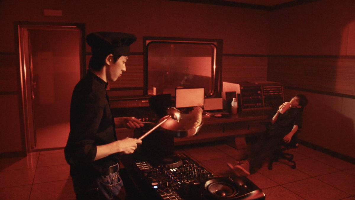 nexzism's tweet photo. tohahyu making a song called ‘appetite’ that includes sound effects of old school video games and arcade, and then tomoya directing a short for it w the theme of being chefs “cooking” the song and running from an 8bit monster so they can deliver the order = song. tomo your BRAIN https://t.co/f957yGKGid