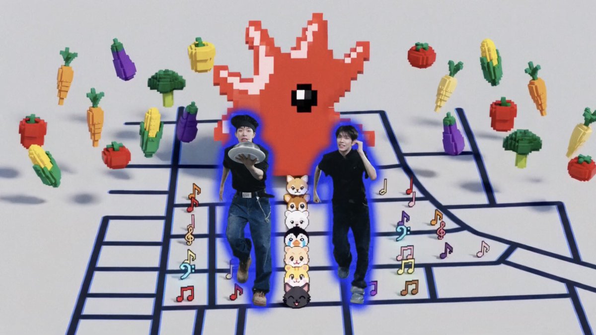 nexzism's tweet photo. tohahyu making a song called ‘appetite’ that includes sound effects of old school video games and arcade, and then tomoya directing a short for it w the theme of being chefs “cooking” the song and running from an 8bit monster so they can deliver the order = song. tomo your BRAIN https://t.co/f957yGKGid