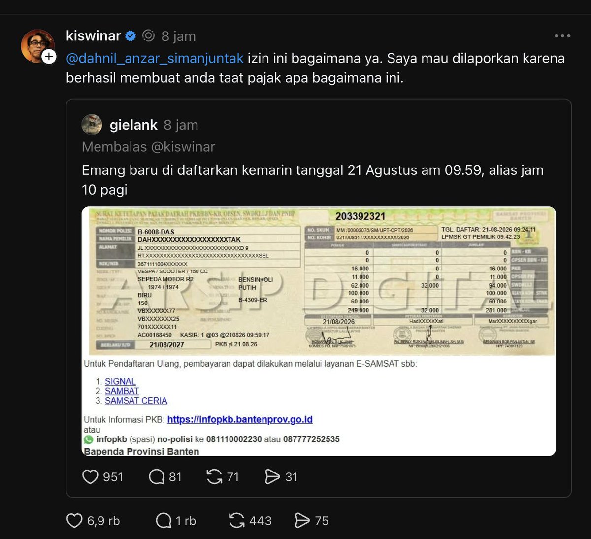 LambeSahamjja's tweet photo. lagi rame di sebelah:
- awalnya kiswinar soroti plat yang di pake wamen
- diketahui platnya bodong
- tidak terima di fitnah 
- dahnil anzar simanjuntak bilang bakal lapor kiswinar ke polisi soal tuduhan fitnah
- katanya beberapa akun lain yang ikut sebar fitnah juga bakal dilaporkan
- tujuannya biar kebiasaan memaki dan sebar fitnah bisa dihentikan
- lalu ada netizen komentar soal vespa yang katanya emang beli dalam kondisi bodong 
- terus baru diurus suratnya
- dia soroti tanggal pajak dan stnk yang baru aktif 21 agustus 2026
- sampe pertanyakan apakah pas motor itu dipake keliling jakarta tanggal 9 agustus 2026
- plat nomornya udah resmi apa belum