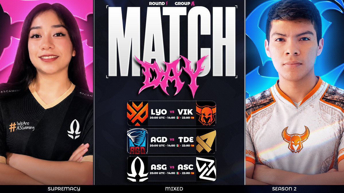 CR_Supremacy's tweet photo. 🚹️🚺 𝐌𝐀𝐓𝐂𝐇𝐃𝐀𝐘 - 𝐑𝐎𝐔𝐍𝐃 𝟏 - 𝐃𝐀𝐘 𝟏 ⚔️

🔥 THE MIXED EDITION JOURNEY BEGINS TODAY! 🏆

GROUP A MAKES ITS DEBUT! 💥

A new chapter of Supremacy League begins — let’s see what surprises this edition has in store! 👀🔥

🍀 GOOD LUCK TO ALL THE TEAMS!

🇪🇸 @LyokFox_ 🆚 @TeamVikings_CR 🇲🇽
⏰: 20:00 UTC - 14:00 🇲🇽 - 22:00 🇪🇸
📺🇪🇸: https://t.co/TOheAE1nmv
📺🇪🇸: https://t.co/ceW0lwL0nw
🎙️🇪🇸: @Recameca

🇲🇽 @AGD_eSports 🆚 @TDelta_CR 🇨🇱
⏰: 21:00 UTC - 15:00 🇲🇽 - 23:00 🇪🇸
📺🇪🇸: https://t.co/TOheAE1nmv
📺🇪🇸: https://t.co/ceW0lwL0nw
🎙️🇪🇸: @Recameca

🇵🇪 @_AS_Gaming 🆚 @AscentGamingGG 🇵🇪
⏰: 22:00 UTC - 16:00 🇲🇽 - 00:00 🇪🇸
📺🇪🇸: https://t.co/TOheAE1nmv
📺🇪🇸: https://t.co/ceW0lwL0nw
🎙️🇪🇸: @Recameca

#SMCY2026 #WeAreSL #ClashRoyale