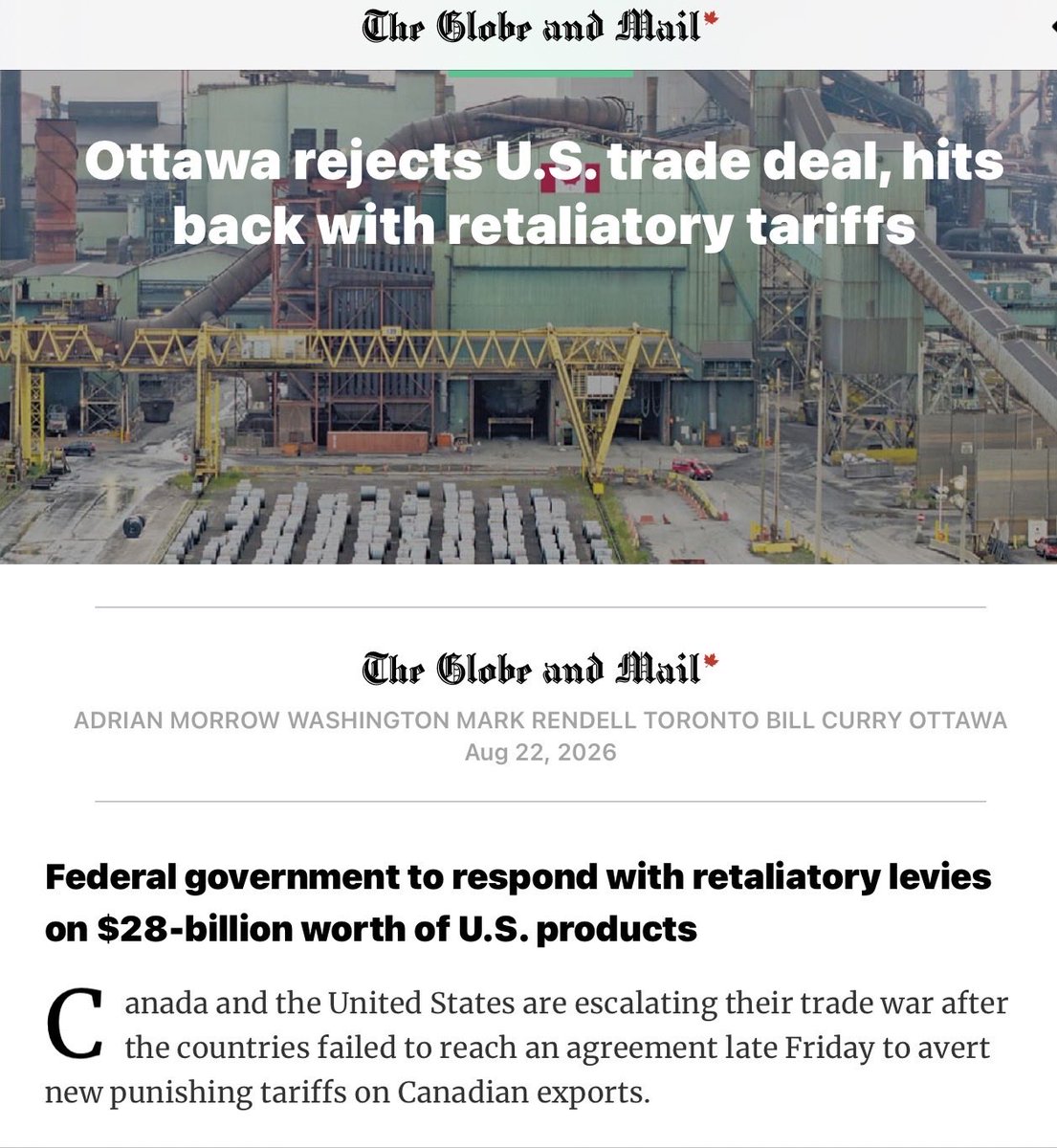 MaximeBernier's tweet photo. New 50-per-cent levies will hit around $28-billion worth of Canadian goods, which is roughly 5 per cent of Canada’s exports to the United States.

Carney has said it will respond with retaliatory tariffs on $28-billion worth of U.S. products.

Escalation is a very bad idea! Tariff retaliation has just triggered an escalatory trade war we cannot win. The U.S. economy is 10 times larger than ours.

A study released last week by the Canadian American Business Council concluded that the end of USMCA would have a surprisingly small impact on the Canadian economy.

It estimates that, even with high and long-lasting tariffs, Canada's economy would only be about 1.6 per cent smaller in 2035 than if the USMCA were renewed and respected, and tariffs fell to near zero.

We are further damaging our economy with these "dollar-for-dollar" counter-tariffs.

Retaliatory tariffs are NOT a weapon. They are a tax on Canadians. 

Who do you think absorbs that cost? 
Canadian consumers, businesses, and workers.

Let's be brutally honest: the Canadian government is worsening the situation. Canadian families will pay the price at the checkout counter.