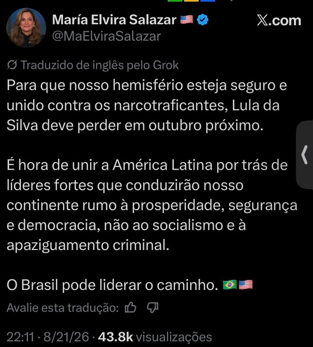 Terra__Brasilis's tweet photo. URGENTE: Maria Elvira Salazar, deputada nos EUA, acaba de postar essa mensagem. https://t.co/vNNk9TK70O