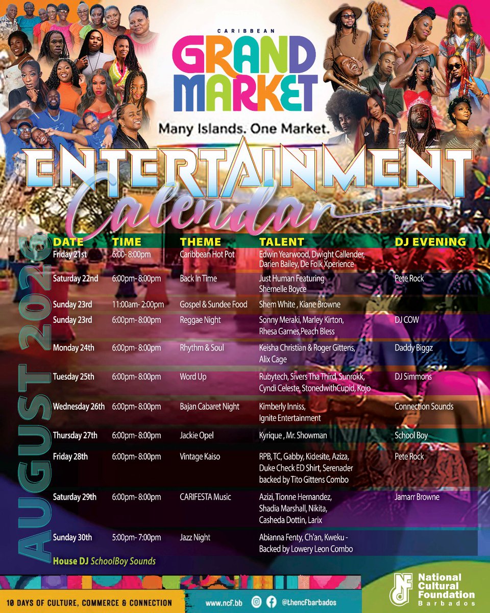 NCFBarbados's tweet photo. Come for the shopping and culinary experiences, stay for the entertainment 🎶

The Caribbean Grand Market has something for everyone, and while you shop, enjoy live performances and DJs at CARIFESTA House. https://t.co/zCokjrq43g