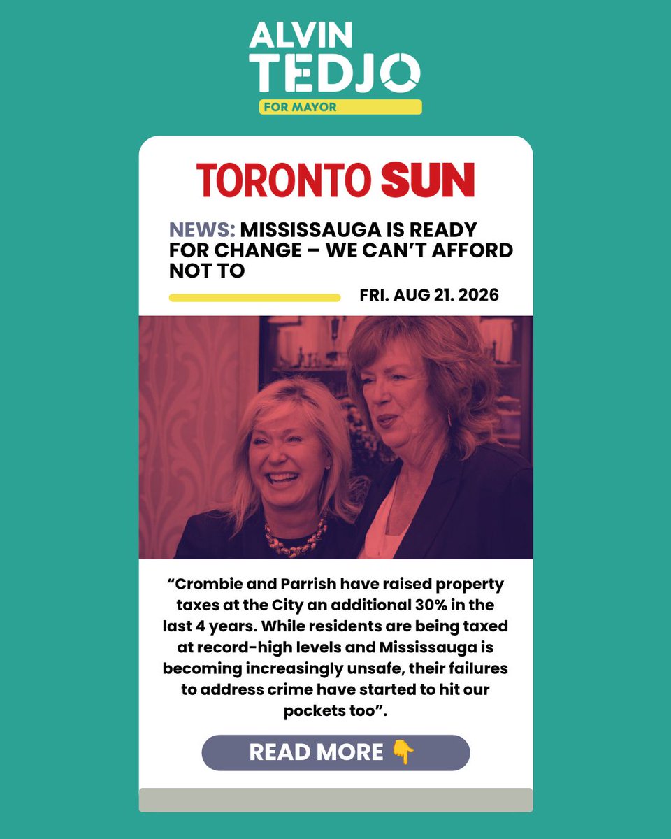 AlvinTedjo's tweet photo. Mississauga can’t afford more of the same. Read my latest article on how crime and taxes spun out of control in Mississauga, and the impact on our residents.
https://t.co/olcgMsjSk3
#voteforchange #mississaugavotes #municipalpolitics #AlvinForMayor #TeamTedjo https://t.co/jZBBdNx6Uy