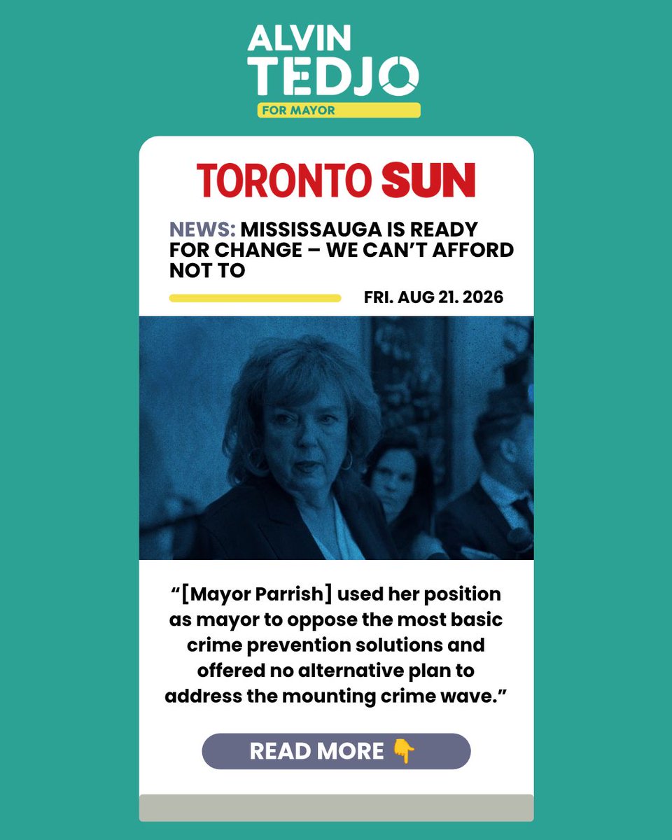 AlvinTedjo's tweet photo. Mississauga can’t afford more of the same. Read my latest article on how crime and taxes spun out of control in Mississauga, and the impact on our residents.
https://t.co/olcgMsjSk3
#voteforchange #mississaugavotes #municipalpolitics #AlvinForMayor #TeamTedjo https://t.co/jZBBdNx6Uy