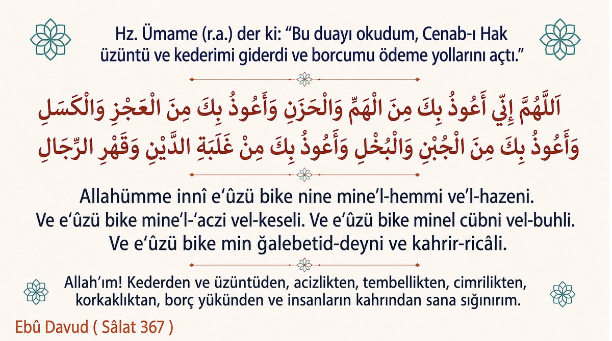 Bediuzzaman_'s tweet photo. Depresyondan Çıkmana Yardımcı Olacak Manevi Sırlar ✨

1 🕌 Cemaatle namaz kılmak  
(Özellikle camiye gitmek, hiç olmazsa bir vakit)

2 📖 Kur’an okumak veya dinlemek

3 📚 İlim meclislerinde bulunmak  
(Özellikle Risale-i Nur derslerine iştirak etmek ve okumak)

4 🤲 Sık sık istiğfar etmek. Günde en az 100 defa. (Yürürken, metrobüste, metroda,otobüste, tramvayda vs. Zikirmatik kullanılabilir.) Yapabilen bin defa okuyabilir her gün. %100 Allah'ın yardımı gelecektir. Telaş etme. Allah'a kesin güven. O seni senden ziyade düşünür. İstiğfara devam.

5 👨‍👩‍👧 Sıla-i rahim  
(Anne ve babadan dua istemek, onlara iyi davranmak, helallik almak.  
Sahabelerin ve evliyanın kabirlerini ziyaret etmek, ruhaniyetlerine Kur’an okuyup hediye etmek)

6 🐑 Kesilmemiş akika kurbanları varsa tespit edip eda etmek. Allah rızası için kurban kesmek

7 🤝 Yetimlerin ve gariplerin imdadına yetişmek, Allah için onlarla ilgilenmek

8 💪 Başkalarının imanını kurtarmaya çalışmak  
(Kendi imanını kurtarmaya çalışmakla birlikte)

9🤲Allah’a karşı hüsn-ü zan beslemek, O’nun mutlaka yardım edeceğine inanmak ve yardımını hayal etmek ve duaya devam etmek namazla birlikte.

Sayfa Yönetimi