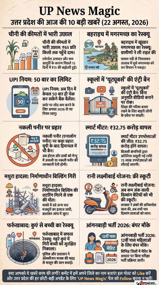 UPNewsMagic's tweet photo. 🚨 यूपी की आज की बड़ी खबरें 🚨

👉 75 लाख बिजली उपभोक्ताओं को राहत, वापस मिलेंगे ₹32.75 करोड़
👉 दिव्यांग बेटियों को अब कम अंक पर भी मिलेगी फ्री स्कूटी
👉 सरकारी स्कूलों में बिना अनुमति वीडियो बनाने पर रोक
👉 स्कॉलरशिप पोर्टल फिर खुलेगा

#UPNews #UttarPradeshNews #UPNewsMagic https://t.co/XaIGdkWaYL