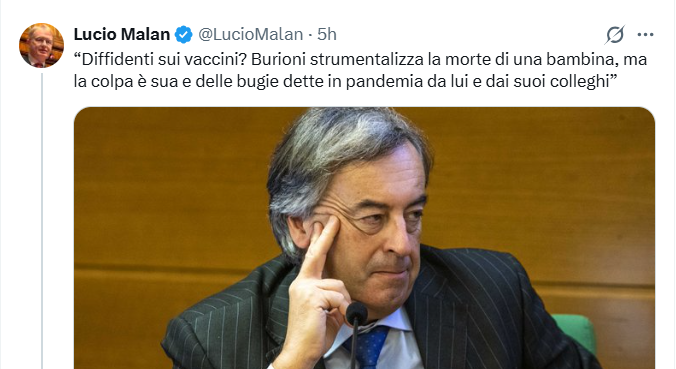 RobertoBurioni's tweet photo. Il Senatore @LucioMalan capogruppo di @FratellidItalia  non fa mancare il suo contributo per favorire la diffidenza riguardo ai vaccini, innalzare la mortalità infantile e favorire la circolazione di ceppi letali del batterio che causa la difterite. https://t.co/9kYkVQMYCQ
